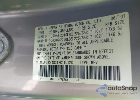 2007 Honda Cr-V Lx from USA, damaged, VIN JHLRE48317C110128